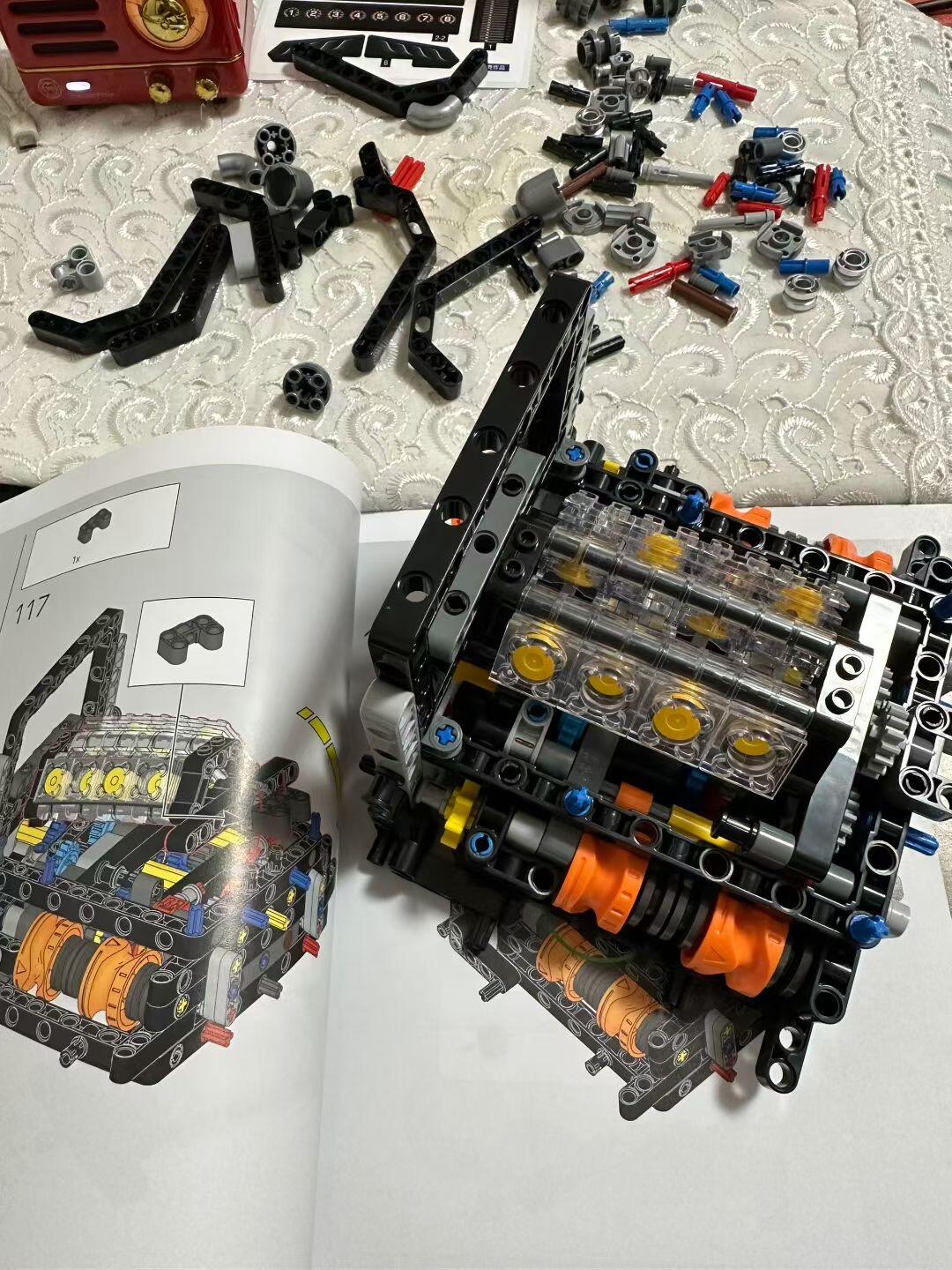 Manual diagram showing the V8 engine block, mid-build with sorted parts