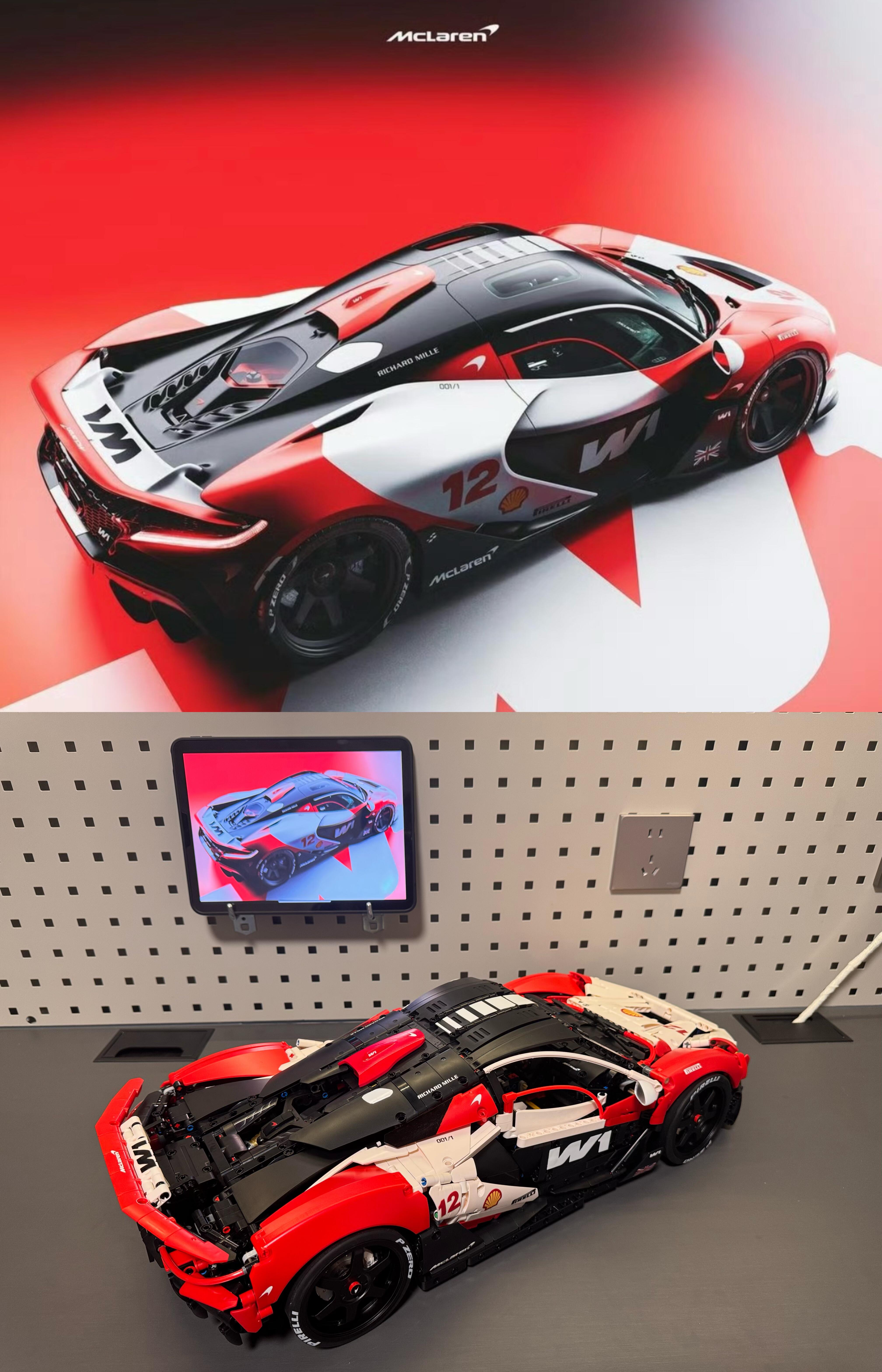 Race livery MOC 03 three-quarter view next to real W1 reference