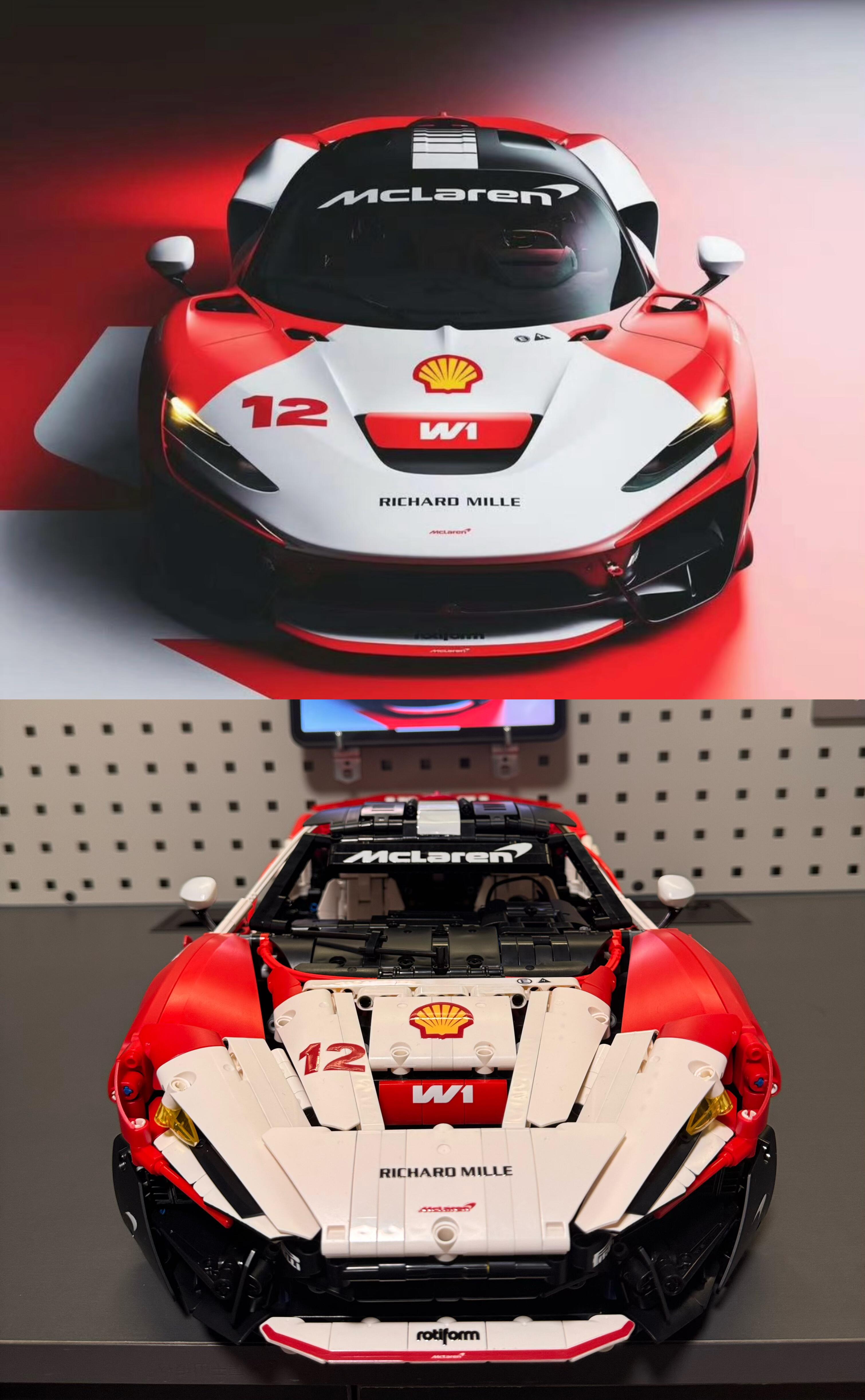 Race livery MOC 03 front view paired with real McLaren W1 race car reference